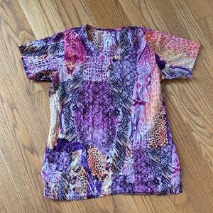 Vibrant Patchwork Print V-Neck Scrub top- Purple & Pink